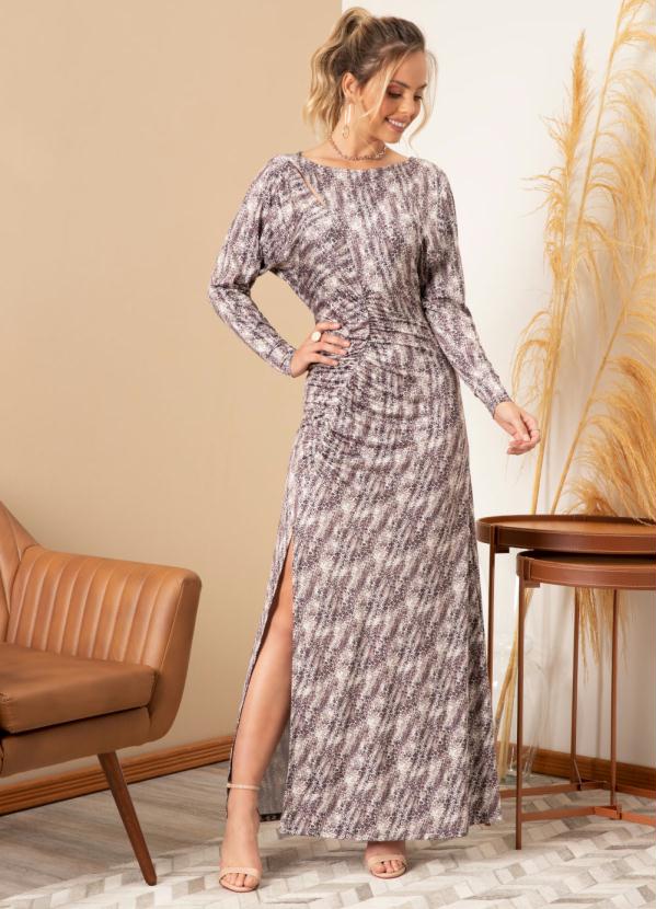 Quintess - Vestido Longo Onça com Drapeado e Fenda