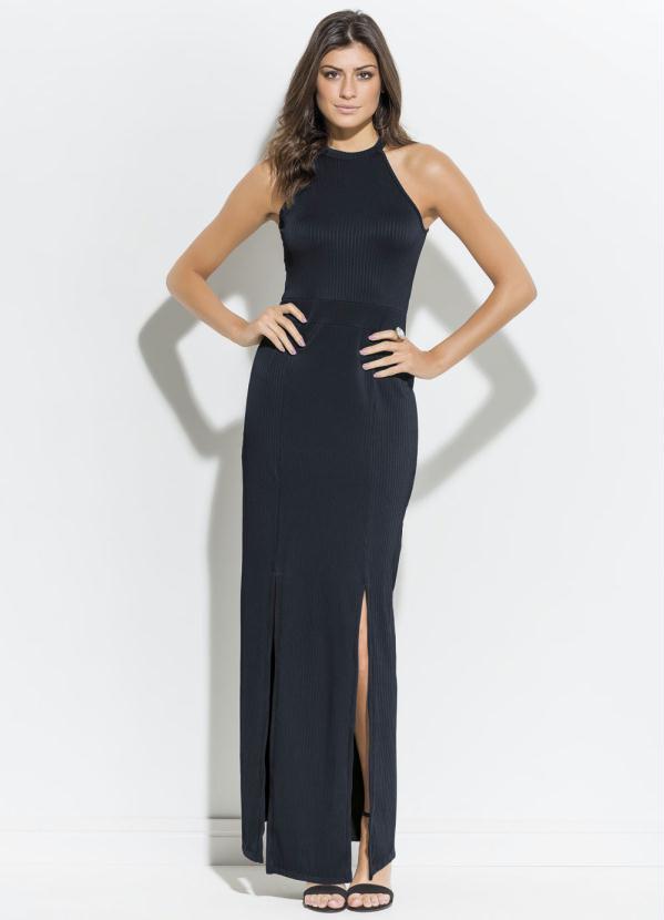 Quintess - Vestido Longo Preto com Fendas Frontais Quintess