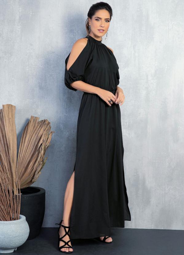Quintess - Vestido Longo Preto com Mangas Vazadas 3