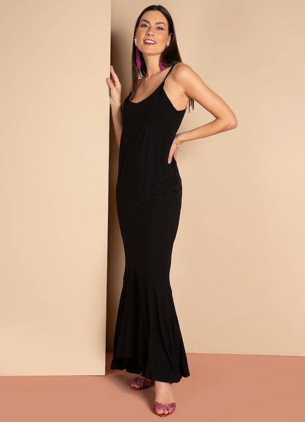 Quintess - Vestido Longo Preto de Alças e Babado na Barra