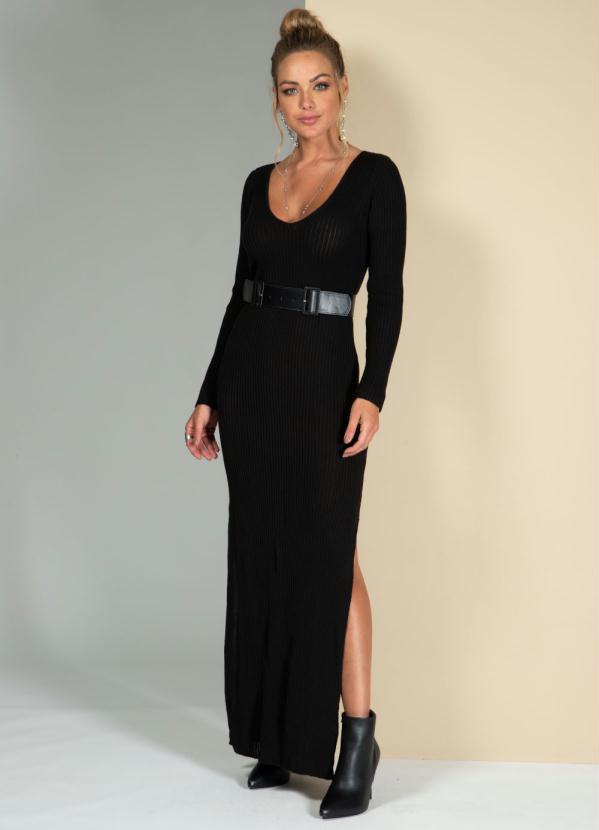 Quintess - Vestido Longo Preto em Tricô Ajustado 3