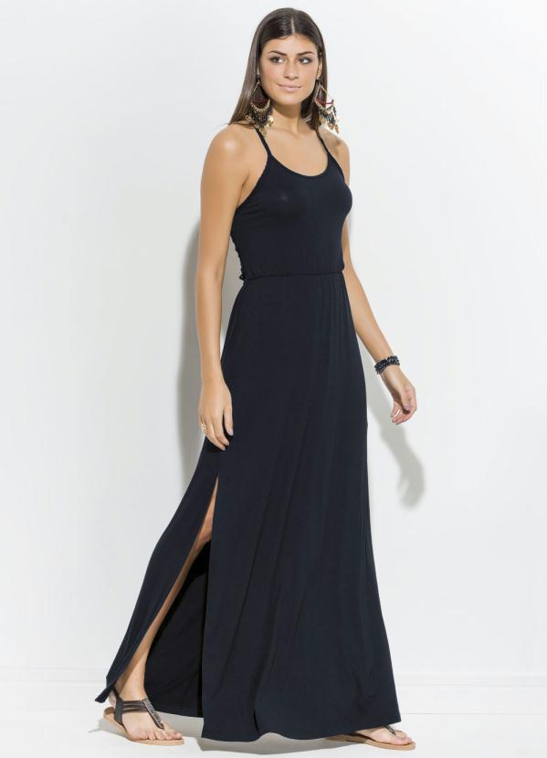 Quintess - Vestido Longo Quintess Preto com Macramê