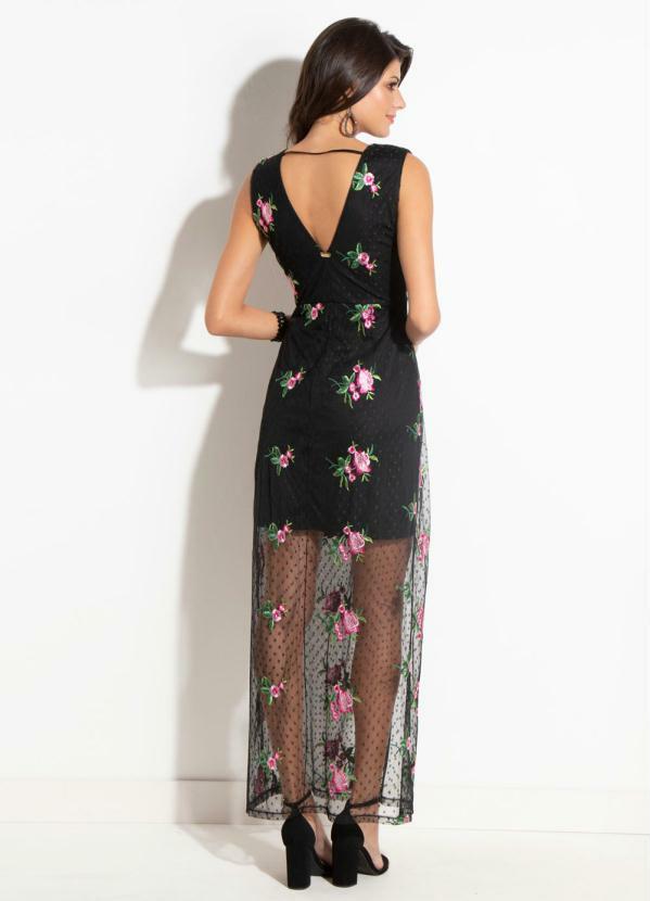 Quintess - Vestido Longo Quintess Preto em Tule Bordado 2