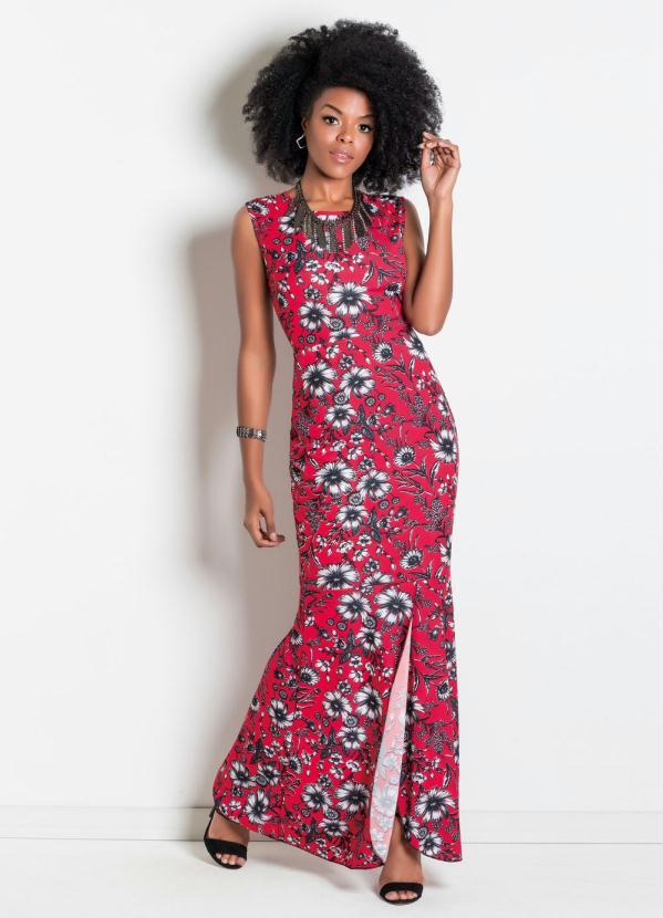 Moda Pop - Vestido Longo Sereia com Fenda Floral