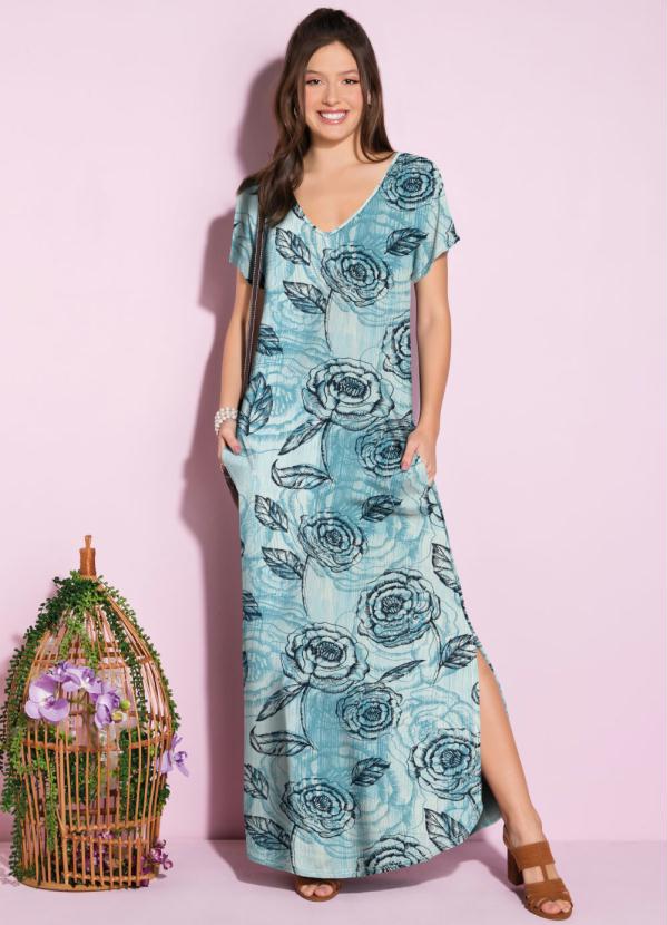 Vestido Longo Soltinho Com Fenda Floral Azul Quintess