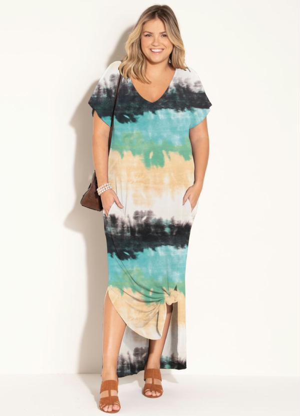 Vestido Longo Soltinho Com Fenda Tie Dye Verde Quintess 9787