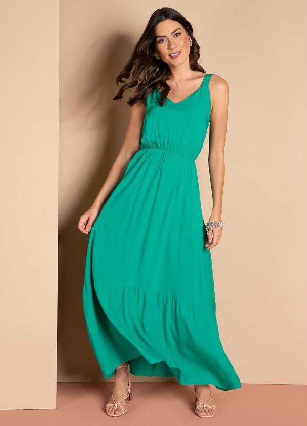 Quintess - Vestido Longo Verde Acinturado com Franzidos