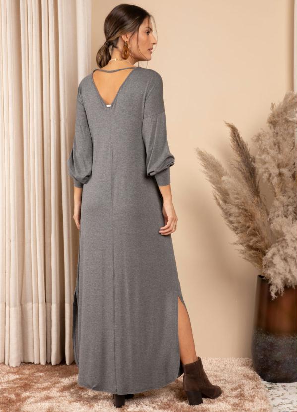 Quintess - Vestido Mescla Longo com Mangas Bufantes e Bolso 2