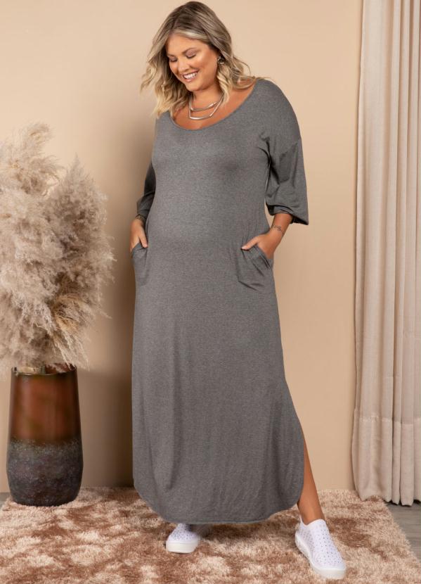 Quintess - Vestido Mescla Longo com Mangas Bufantes e Bolso 4
