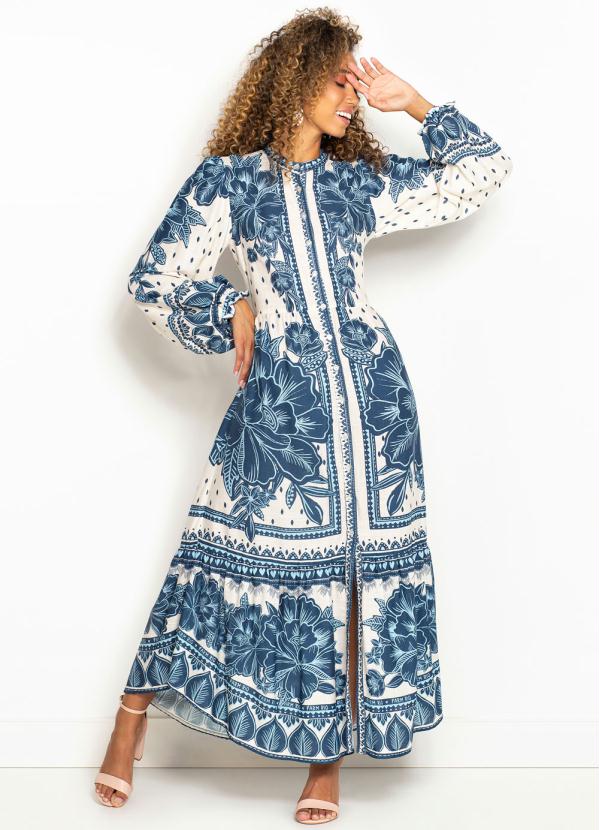 Farm - Vestido Midi de Viscose Sonho Tropical Azul