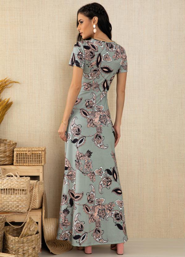 Quintess - Vestido Paisley Cinza Longo com Pregas 2