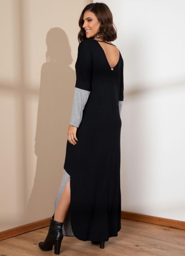 Quintess - Vestido Preto e Mescla Longo Soltinho com Fenda 2