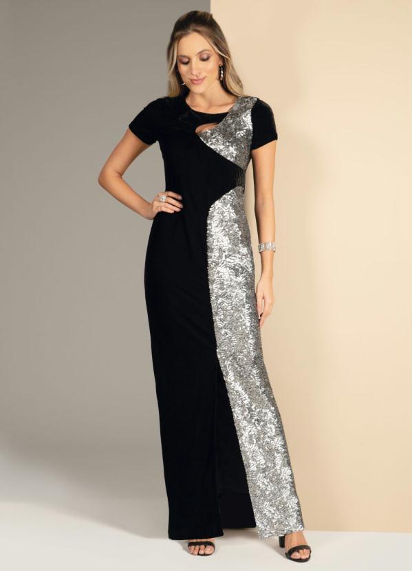 Quintess - Vestido Preto Veludo e Paete com Fenda Frente