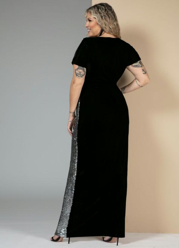 Quintess - Vestido Preto Veludo e Paete com Fenda Frente 4