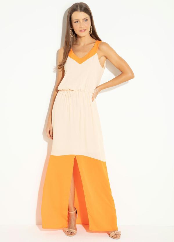 Quintess - Vestido Quintess Longo Bege e Laranja com Fenda