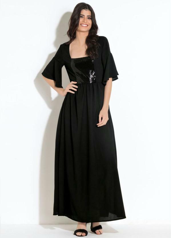 Quintess - Vestido Quintess Longo Preto com Paetê