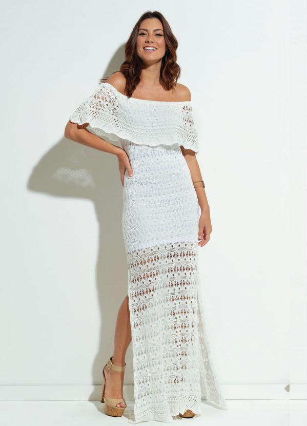 Quintess Vestido Tricot Quintess Branco Babado no Decote