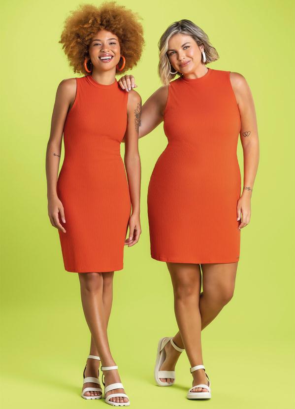Marialícia - Vestido Básico Canelado Regata Laranja 4
