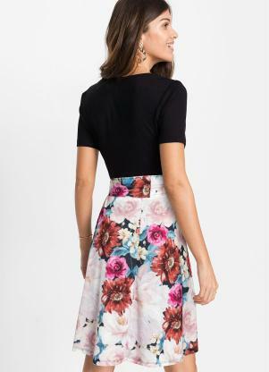 bonprix - Vestido com Amarração Preto e Floral Branco - BONPRIX
