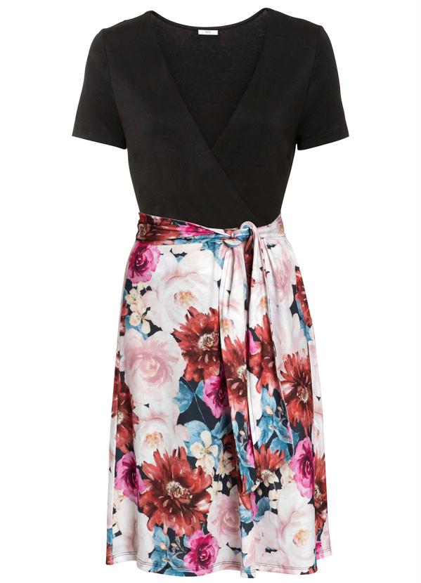 bonprix - Vestido com Amarração Preto e Floral Branco