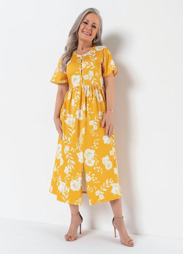 Outlet - Vestido com Mangas Amplas Floral Amarelo