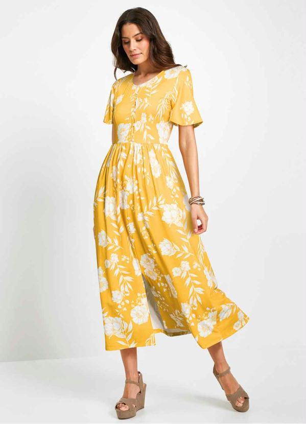 Queima Estoque - Vestido com Mangas Amplas Floral Amarelo 7