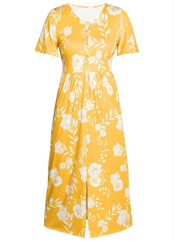 Queima Estoque - Vestido com Mangas Amplas Floral Amarelo 3
