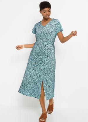 bonprix - Vestido Decote V Manga Curta Floral Azul - BONPRIX