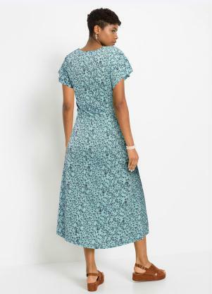 bonprix - Vestido Decote V Manga Curta Floral Azul - BONPRIX