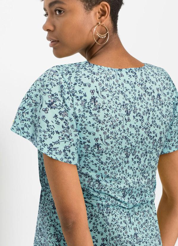 bonprix - Vestido Decote V Manga Curta Floral Azul 2