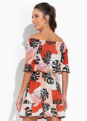 Moda Pop - Vestido Folhagem Decote Ombro a Ombro e Babados - MODA POP