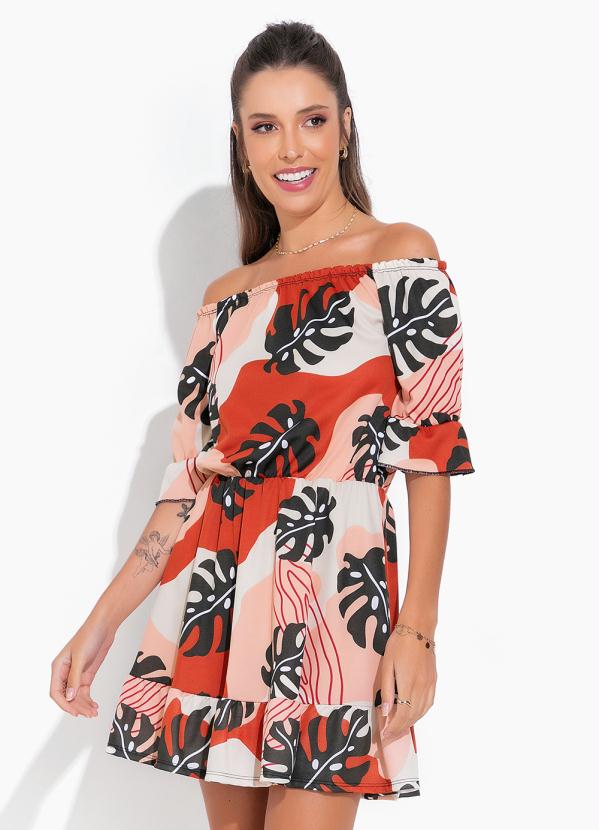 Moda Pop - Vestido Folhagem Decote Ombro a Ombro e Babados