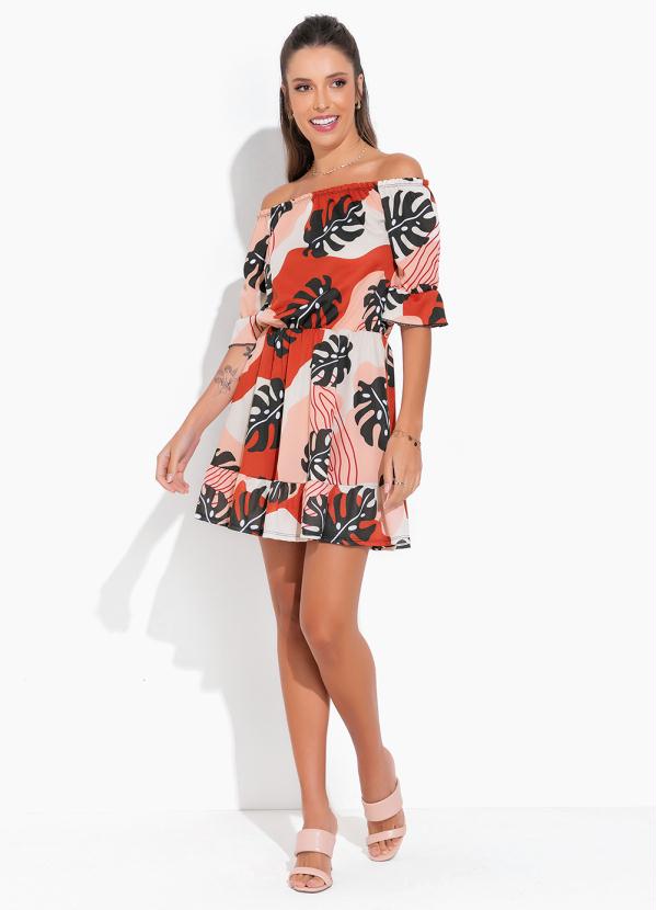 Moda Pop - Vestido Folhagem Decote Ombro a Ombro e Babados 4