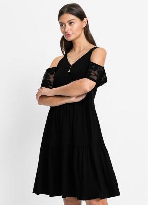 Queima Estoque - Vestido Mangas Curtas com Renda Preto - QUEIMA ESTOQUE