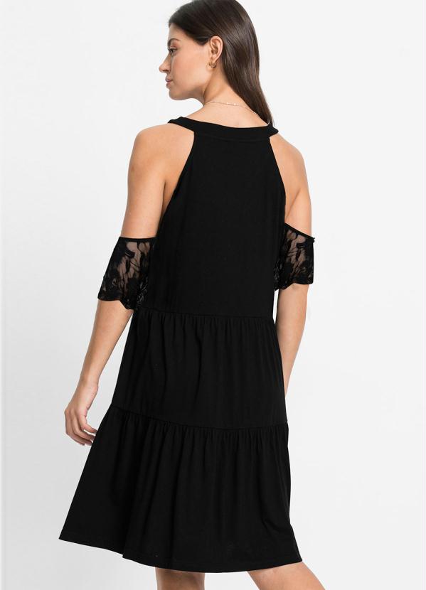 Queima Estoque - Vestido Mangas Curtas com Renda Preto 4