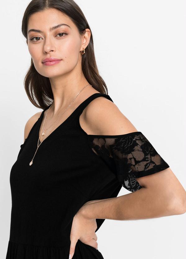 Queima Estoque - Vestido Mangas Curtas com Renda Preto 3