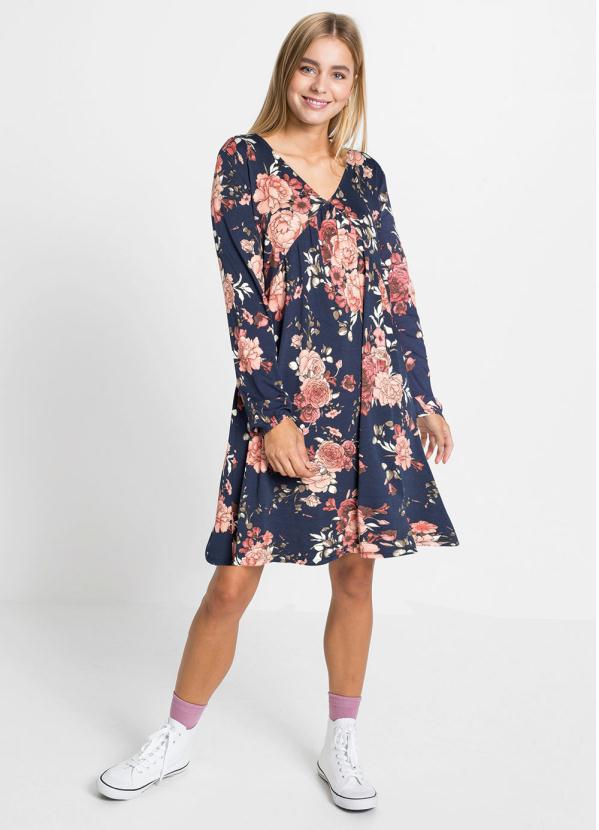 bonprix - Vestido Decote V com Recorte no Busto Floral/Mari