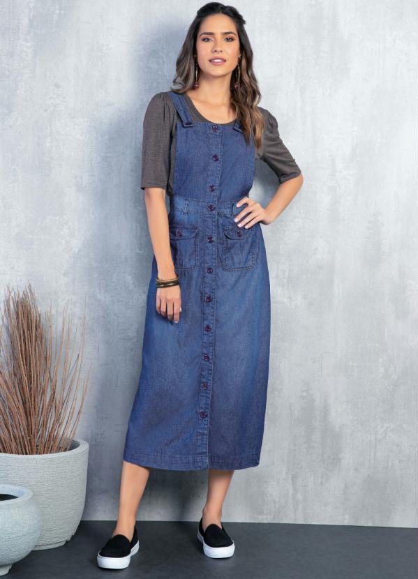 Quintess - Salopete Jeans com Bolsos e Botões