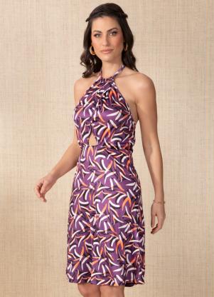 Quintess - Vestido Abstrado Roxo com Transpasse no Busto - QUINTESS