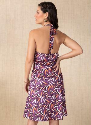 Quintess - Vestido Abstrado Roxo com Transpasse no Busto - QUINTESS
