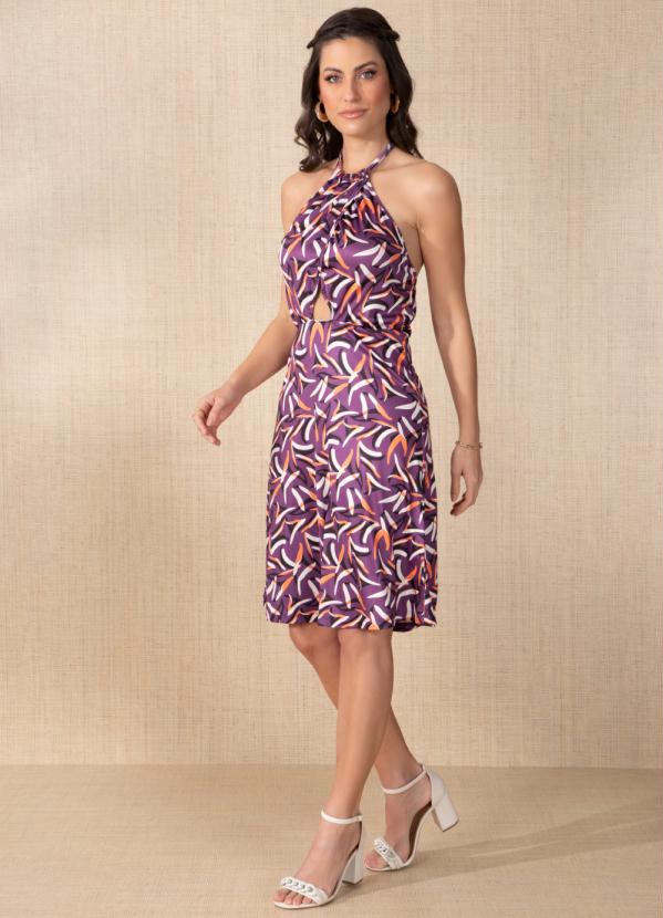 Quintess - Vestido Abstrado Roxo com Transpasse no Busto 5