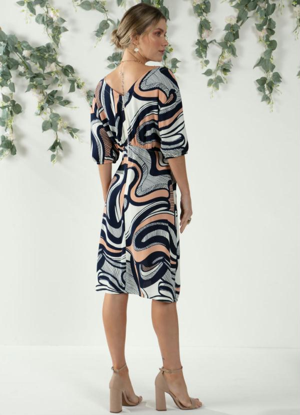 Quintess - Vestido Abstrato Azul com Franzidos no Busto 2