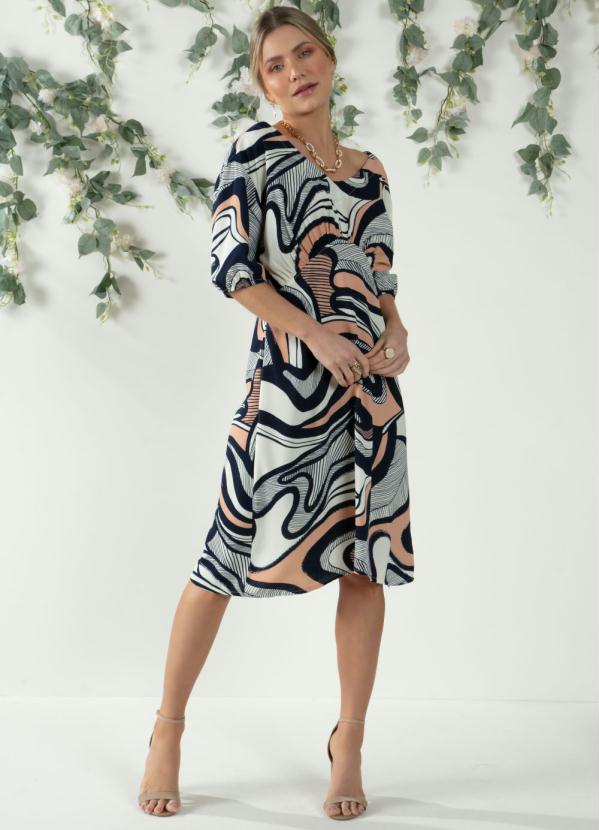 Quintess - Vestido Abstrato Azul com Franzidos no Busto 3