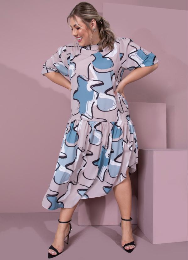 Outlet - Vestido Abstrato Bege com Recorte Assimétrico 4