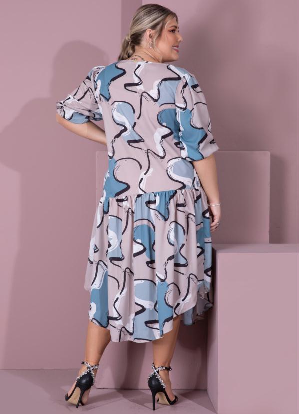 Outlet - Vestido Abstrato Bege com Recorte Assimétrico 5