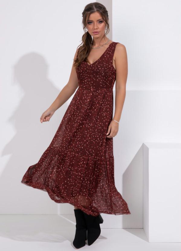 Quintess - Vestido Animal Print Decote V e Babado na Barra