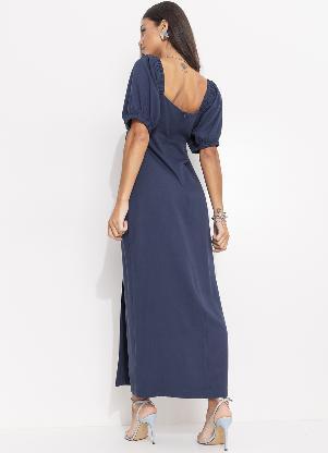 Quintess - Vestido Azul Marinho em Viscose Plana Sarjada - QUINTESS