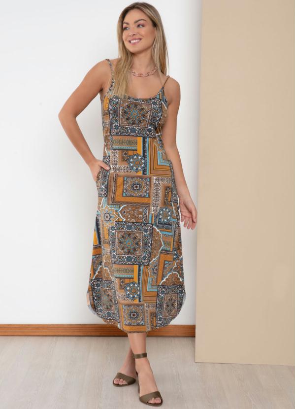 Quintess - Vestido Azulejo Marrom com Bolsos Funcionais