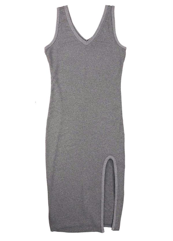 Enfim - Vestido Cinza Escuro Mídi com Fenda