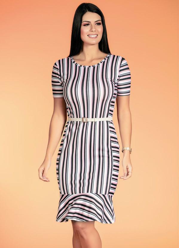 Outlet - Vestido com Babado Listrado Rosa Moda Evangélica